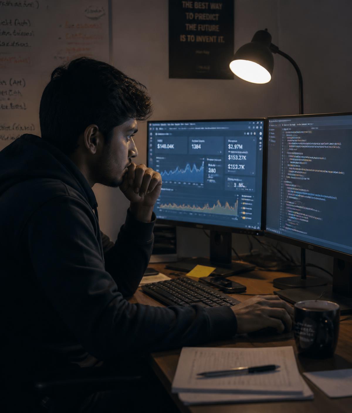 Arjun working on client dashboards and code late at night